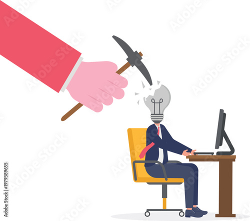 Giant hand hammering a light bulb on a professional's head