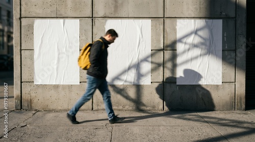 Urban street scene with a man walking past a concrete wall, three blank white posters offering copy space, and dramatic shadows, ideal for advertising mockups and city life concepts.