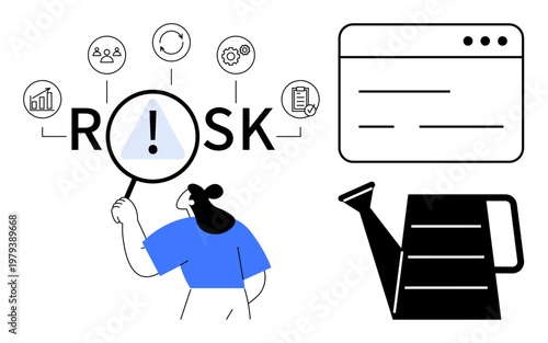 Business strategy, decision making, risk assessment, growth planning, project management, web interface. Person analyzing risk with growth icons, diagram and watering can. Business strategy