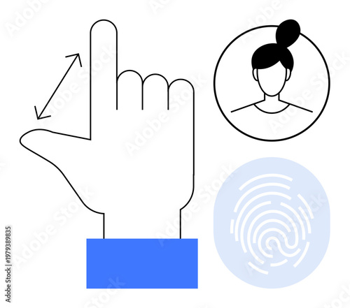 Biometric security, identity verification, digital access, user authentication, personal recognition, technology interface. Hand pointing gesture, fingerprint user profile icon. Identity