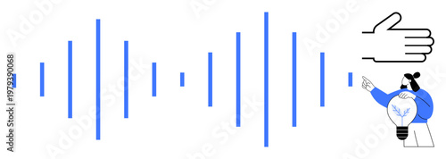 Innovation, communication technology, creativity, sound visualization, idea generation, teamwork. Blue sound waves, a hand symbol and a person holding a light bulb. Innovation and communication