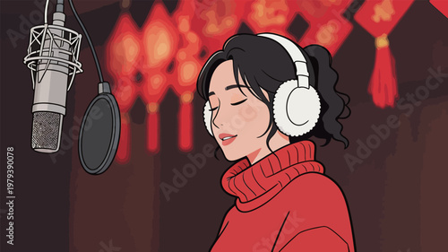 Woman Singing with Headphones in Recording Studio