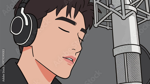 Male singer recording in sound studio with headphones