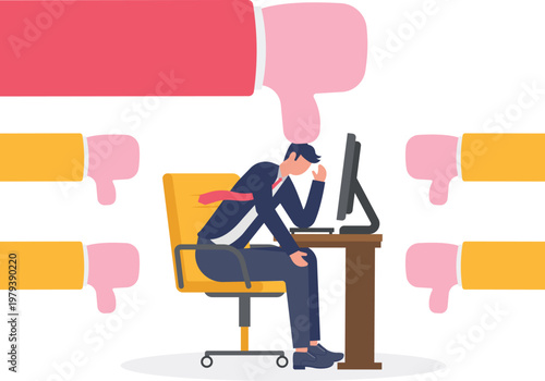 Professional at computer with giant thumbs down icons