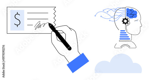 Financial transactions, artificial intelligence, digital innovation, creative solutions, technology concepts, and data exchange. A hand signing a document and AI brain with data flow. Financial