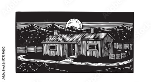 Black and white, rural house, moonlit landscape, vector illustration, night scene
