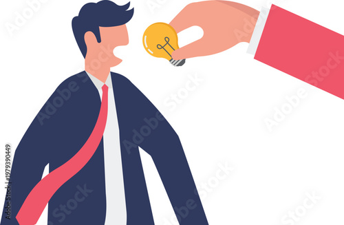 Giant hand feeding an idea bulb to a professional's mouth