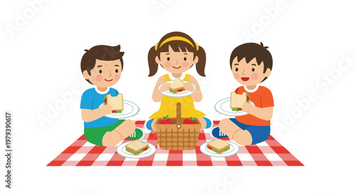 Three happy children enjoy a sunny outdoor picnic on a red checkered blanket, eating delicious sandwiches from a basket filled with fresh red apples.