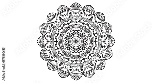 Intricate black mandala design, circular pattern, ornate illustration, vector art