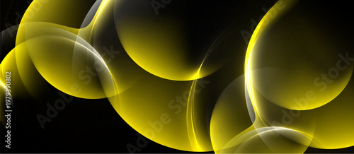 Abstract golden shapes overlap black background. Smooth curves create luminous effect, dynamic composition. Brightness contrasts beautifully.
