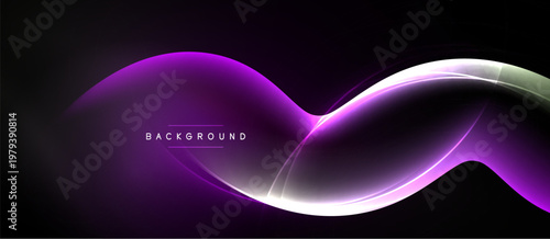 Abstract purple waves flow across black space. Bright highlights create dynamic, smooth curves. Text reads background. Modern design element.
