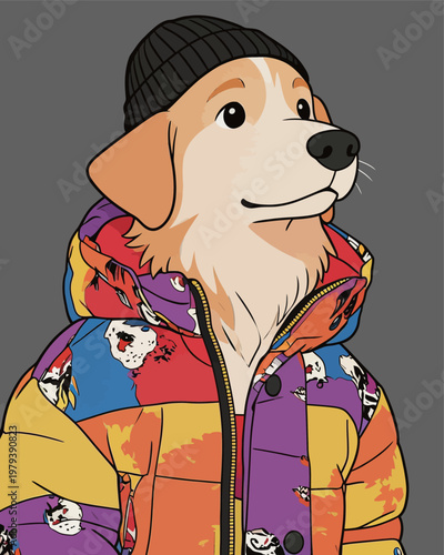Stylish Dog Wearing Colorful Puffer Jacket and Beanie