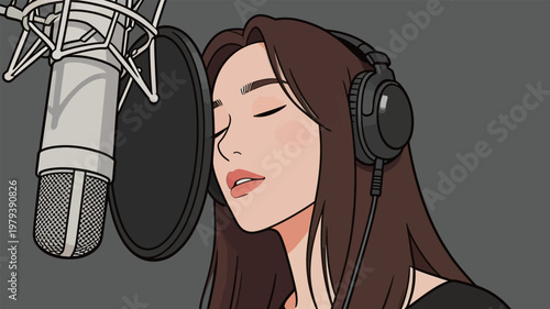 Woman Singing in Recording Studio with Microphone