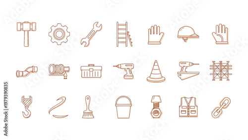Construction Icon Set: A comprehensive collection of construction-related icons, meticulously designed, showcasing essential tools for building and repair.