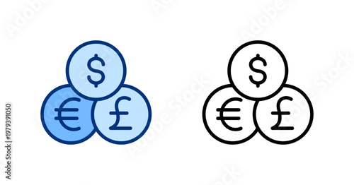 Currency thin line, solid icon set. Business, Investment, Wealth Management, Financial Trading, Stock Market concept. Dollar, Pound Sterling, Euro. Black, blue outline vector icons.