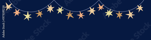 Star light garland string hanging on long banner background. Christmas decoration strand, festive holiday starry lamps, bulbs chain, glowing sparkling electric decor. Flat vector illustration