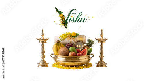 AI Generated Happy Vishu Design with Kerala Map Shaped V, Vishu Kani Arrangement and Traditional Lamps