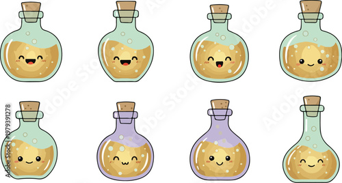 Eight cartoonish glass bottles with various smiling faces on a white background in a flat lay composition with pastel colors.
