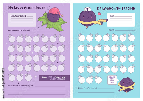 Monthly Health and Sleep Habit Tracker Set. Wellness and Nightly Routine Planner Page with Cute Kawaii Blackcurrant Mascot. Vertical Printable Goal Checklist for Healthy Routine. Vector illustration