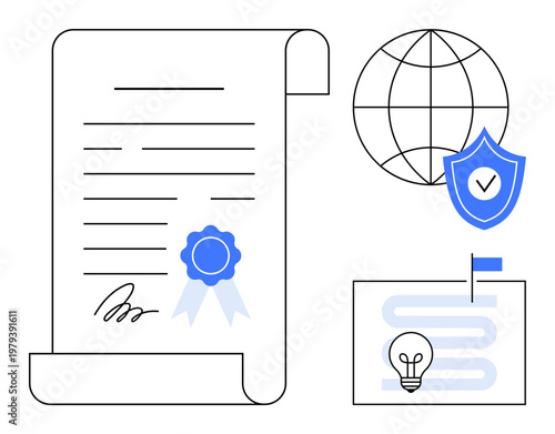 Digital certification. Certification process linking global connectivity and online security. Certification ensuring data integrity and workflow credibility. For business, security, technology