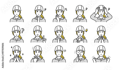 ヘルメット 若い女性 作業員 表情アイコンセット