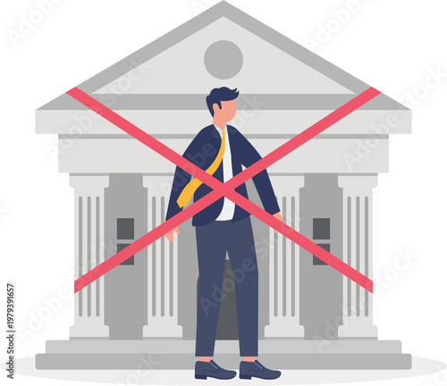 Professional standing in front of a blocked bank building