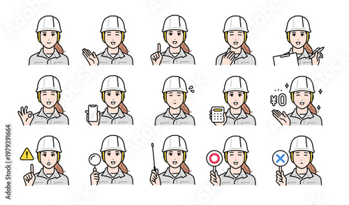 ヘルメットを被った若い女性作業員のビジネス向け表情バリエーションセット
