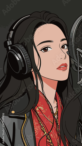 Illustration of a woman with headphones at microphone