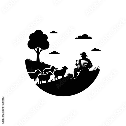 Shepherd playing accordion with sheep silhouette