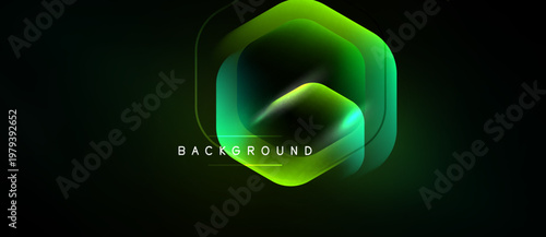 Abstract hexagon design glows brightly against dark backdrop. Gradient colors create dynamic visual effect. Text reads background.