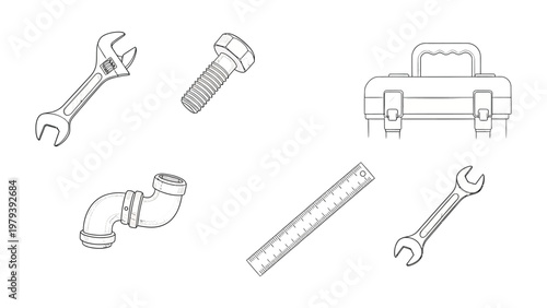Tools of the Trade: A collection of essential repair tools and equipment, from wrench and ruler to toolbox and pipe, ready for any project or task.