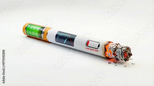 Conceptual illustration of a cigarette designed as a low battery indicator, featuring a glowing ember and ash, symbolizing the dangers of smoking on World No Tobacco Day

