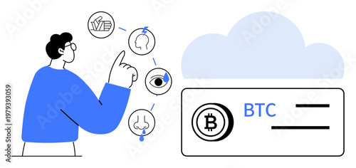 Digital security, cryptocurrency transactions, user authentication, biometric scanning, blockchain, and cloud storage. A person points to biometric icons alongside a Bitcoin card. Digital security