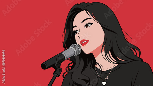 Singer performs on stage with microphone in front of red background during a music event at night