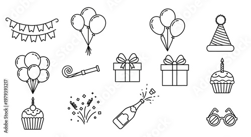 Birthday celebration icons and symbols.