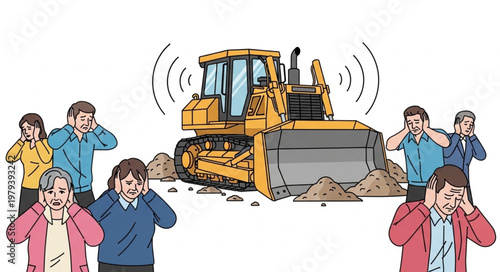 Construction bulldozer creating loud noise disturbing people covering ears.