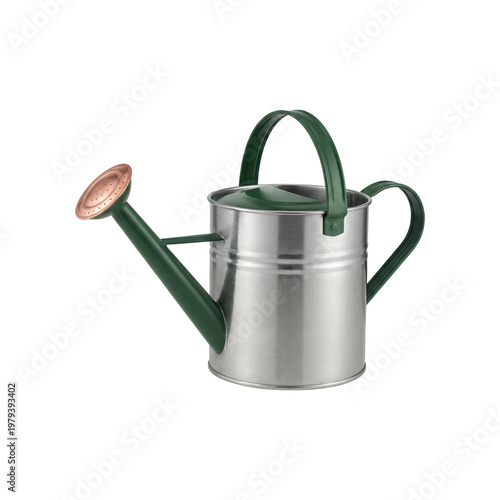 Foto Classic stainless steel watering can with a vibrant green handle and elegant cop