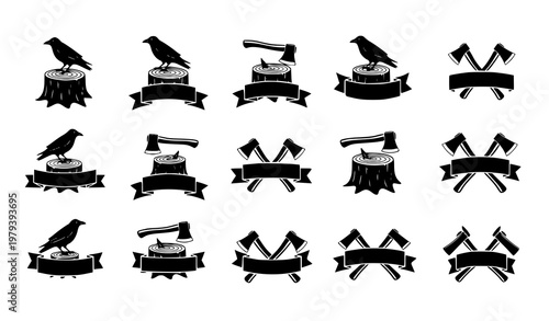 Lumberjack emblem vector set with crow axe and wood logging badges timber industry symbols isolated on white background