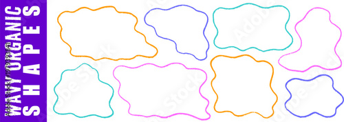 Minimal shape and rectangle sketch an organic frame, wavy lines flow across border, square, doodle and wave in a drawn style.