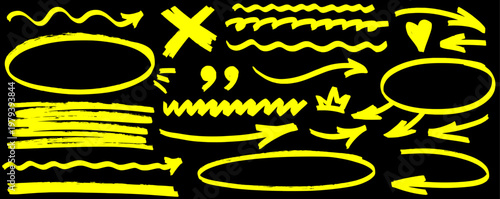 Light drawn sketch, highlight and marker add rhythm, arrow follows the line and underline defines a simple shape in pen style.