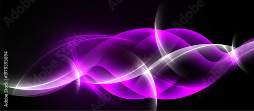 Abstract glowing lines form fluid shapes against dark background. Bright magenta dominates, with subtle white highlights. Dynamic energy radiates.