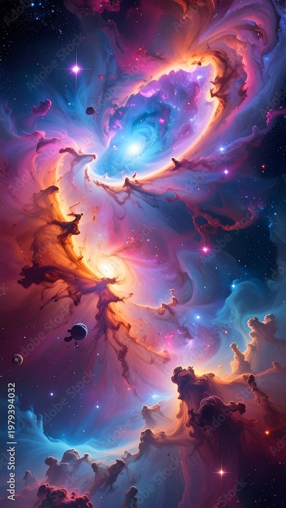 Obraz premium Vivid cosmic display showcasing swirling nebulas, stars, & celestial formations