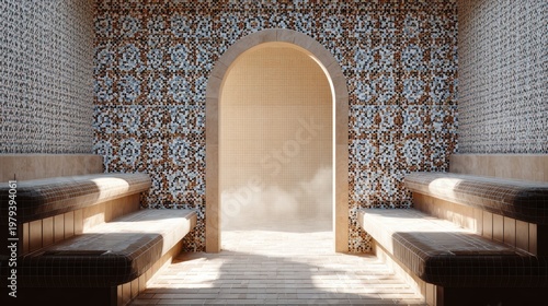 Serene mosaic-tiled hammam interior with sunlight