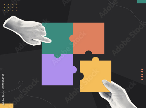 Trendy halftone collage of person hands placing colorful puzzle pieces together on dark background, flat design concept for collaborative solution, teamwork, partnership, and problem solving.