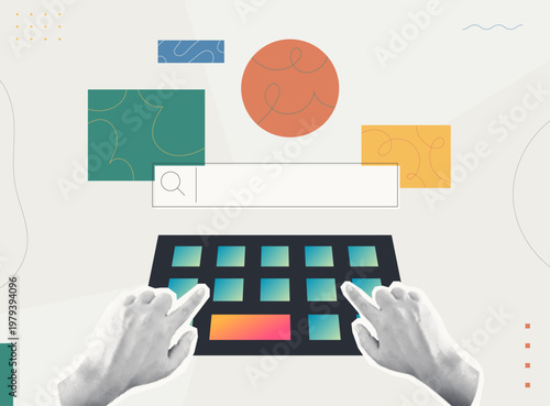 Trendy halftone collage of person hands typing on keyboard with search bar and colorful geometric panels, flat design concept for digital content curation, browsing, and online media.