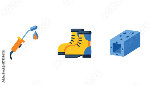 Construction Icons Collection: A visual symphony of essential construction elements, featuring a blowtorch, work boot, and a concrete block. Showcasing key tools and equipment of the industry.