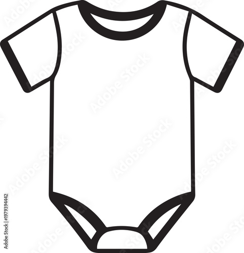 A simple monochrome illustration of a baby bodysuit, a staple garment for infants, with a clean and minimalistic design.