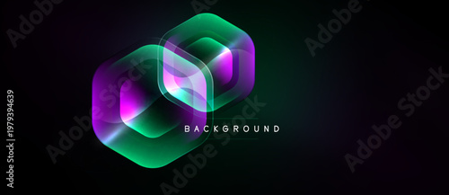 Abstract geometric shapes, vibrant colors, glowing effect. Dark background enhances visual impact, modern design element.