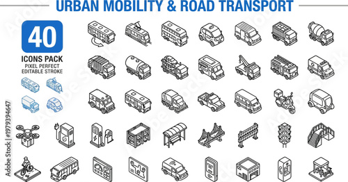 Isometric public transport urban transit bus delivery vector icon set