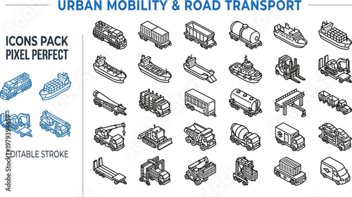 Isometric heavy cargo freight shipping industrial transport vector icons